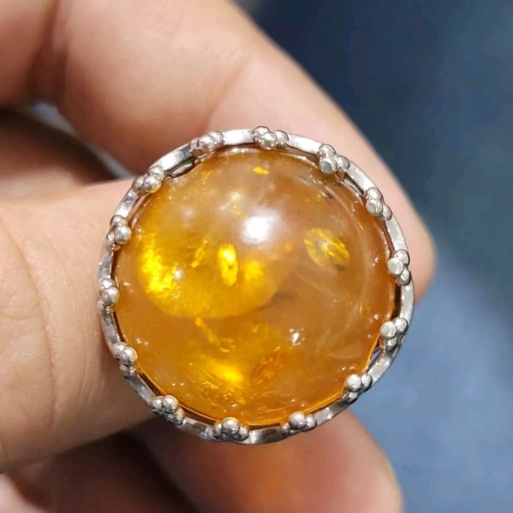 Solitaire Ring Round Cut Amber Gemstone Sterling … - image 1